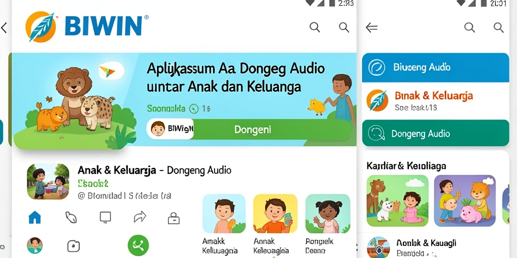 Tampilan antarmuka aplikasi Dongeng Audio BIWIN yang menarik dan mudah digunakan.