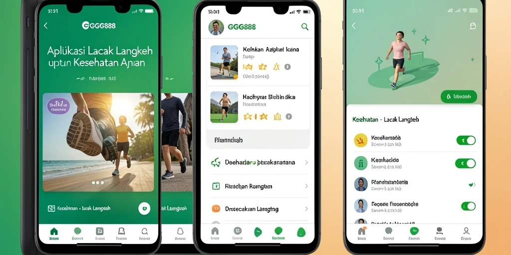 Antarmuka GGG888 menampilkan statistik langkah dan kemajuan kesehatan pengguna.